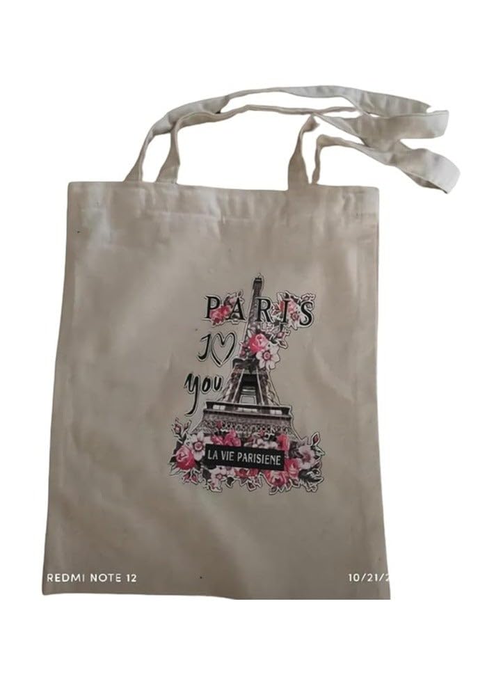 Women's Canvas Tote Bag with Paris Eiffel Tower Design, Beige, Reusable Shopping Bag