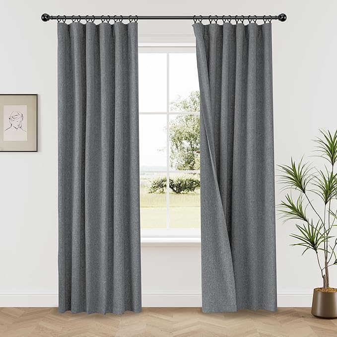 Curtains & Rods 100% Blackout Double Linen Face Curtains with Multi-Way Header, 140cm W x 260cm L, Dark Grey