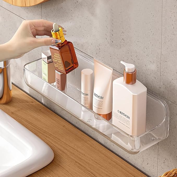 Wall Mounted Shower Caddy, Clear, 12.4" x 3.42" x 3.26" Acrylic Shelf, No Drilling Hang Walls Adhesive Shelf, Acrylic Bathroom Shelves with Self Adhesive Tape for Bathroom, Kitchen