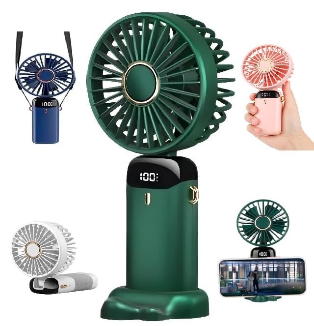 Portable Hand Fan - Digital Display - 5 Speeds - USB Rechargeable - Foldable 90 Degree - Various Colors (Blue, Green,White,Pink) - Stylish and Quiet Design - Suitable for Home, Work and Travel (Green)