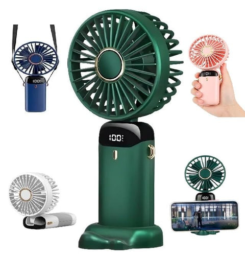 Portable Hand Fan - Digital Display - 5 Speeds - USB Rechargeable - Foldable 90 Degree - Various Colors (Blue, Green,White,Pink) - Stylish and Quiet Design - Suitable for Home, Work and Travel (Green)