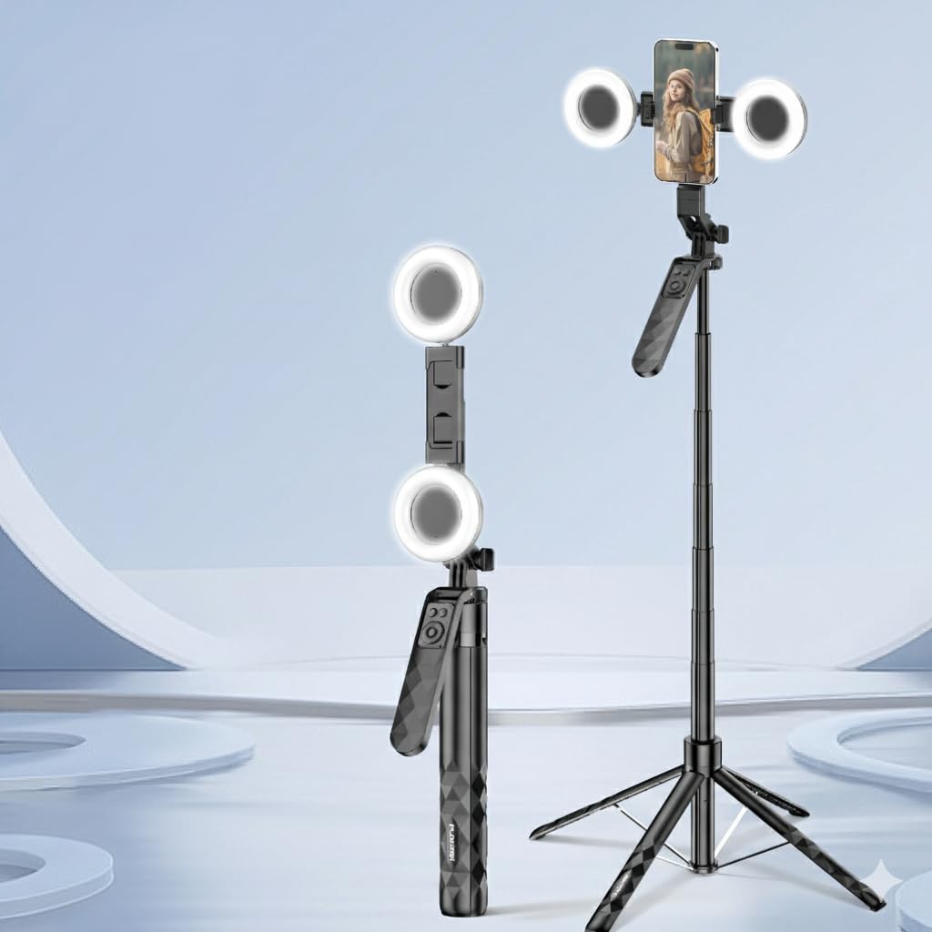 Plokama LIVE-P10 Pro Selfie Stick Tripod with LED Light, 180cm Aluminum Alloy, Bluetooth Remote Control, Phone Stand for Live Streaming