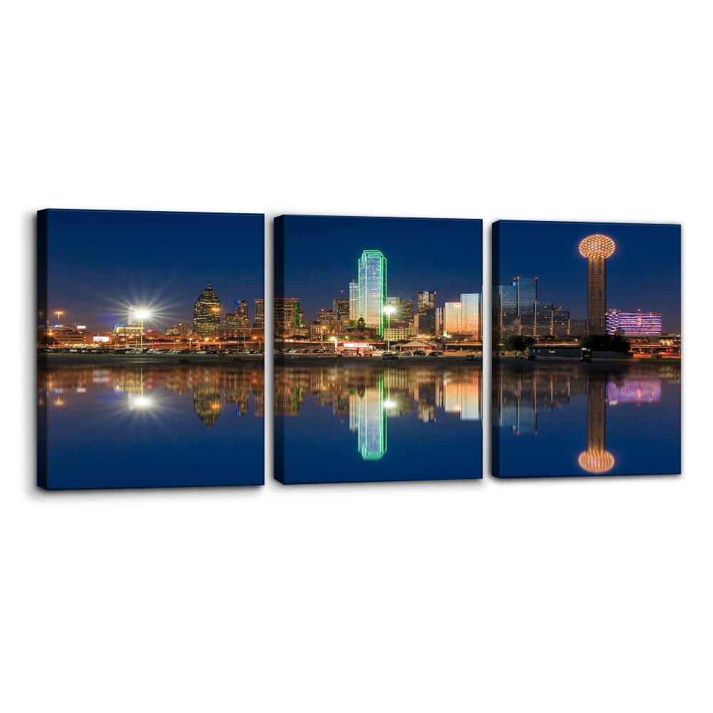 3 Pieces Canvas Wall Art Dallas Cityscape Pictures Prints Texas City Skyline Poster Home Decor Modern Artwork for Walls Paintings Home Office Wall Decor Stretch Framed Ready to Hang - 12" x 16" x 3