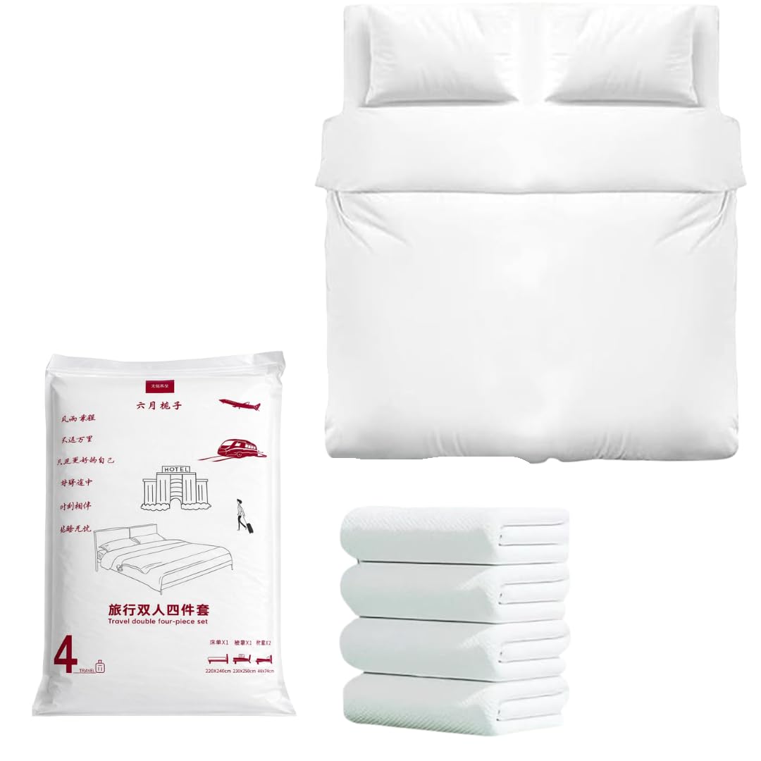 Disposable Travel Bedding Set 4 Pieces Fabric For Hotels Business Trips Bed Sheet Cover Body Cover And Pillow Covers Hygienic Sheet Cover 220x240cm, 2 Pillow Case 50x85cm and Duvet Cover 220x240 cm