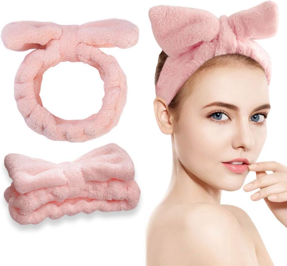 Spa Headband, Microfiber Bow Tie Headband for Face Washing, Skincare, Makeup, Sports, Elastic Hair Band for Women and Girls (Pink, One Size)