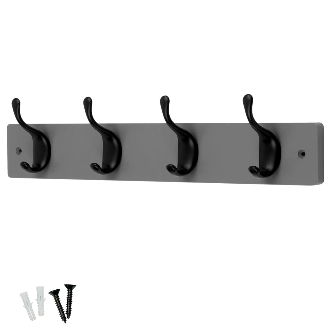 keypak Modern Wall Mounted Coat Rack, Matte Black Hooks on Wood Base (Grey/Matte Black, 4 Hooks)
