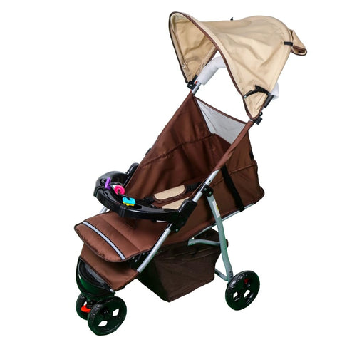 Lightweight Baby Stroller, Brown and Beige, Adjustable Canopy, Storage Basket, 3-Wheel Design, Foldable Travel Pushchair