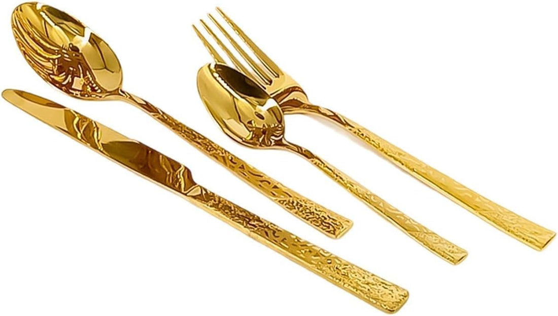 Stainless Steel Flatware Set - 24 Piece Dinner Set with Stand, for 6 Guests:6 Knives, 6 Spoons, 6 Forks, 6 Tea Spoons, 24 Pieces Cutlery Gift Set (Gold)