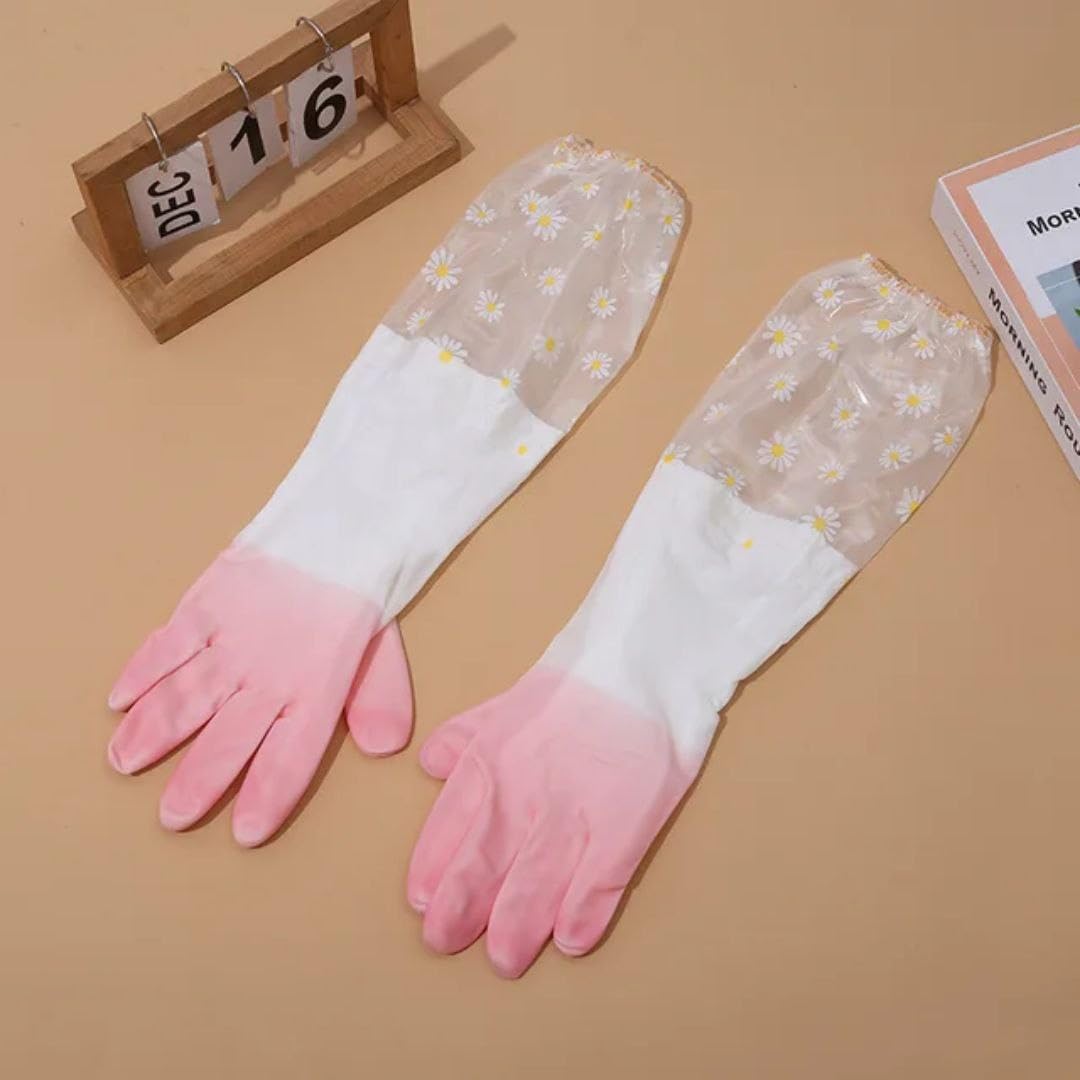 Elbow Length Silicone Dishwashing Gloves, Waterproof Kitchen Cleaning Gloves with Elastic Inner Sleeve Strap, Reusable Anti-Slip Long Arm Protection for Dishwashing and Household Cleaning