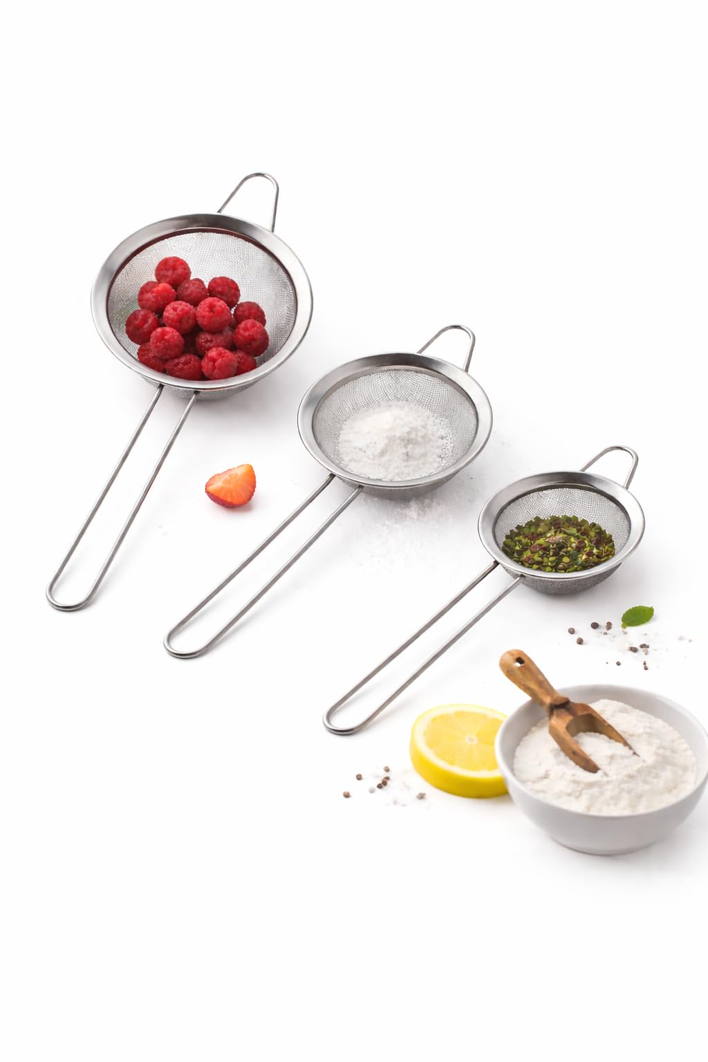 Sieve Strainer Set 3 Pcs Stainless Steel Fine Mesh Kitchen Strainers with Handle and Hook for Tea Juice Flour Baking
