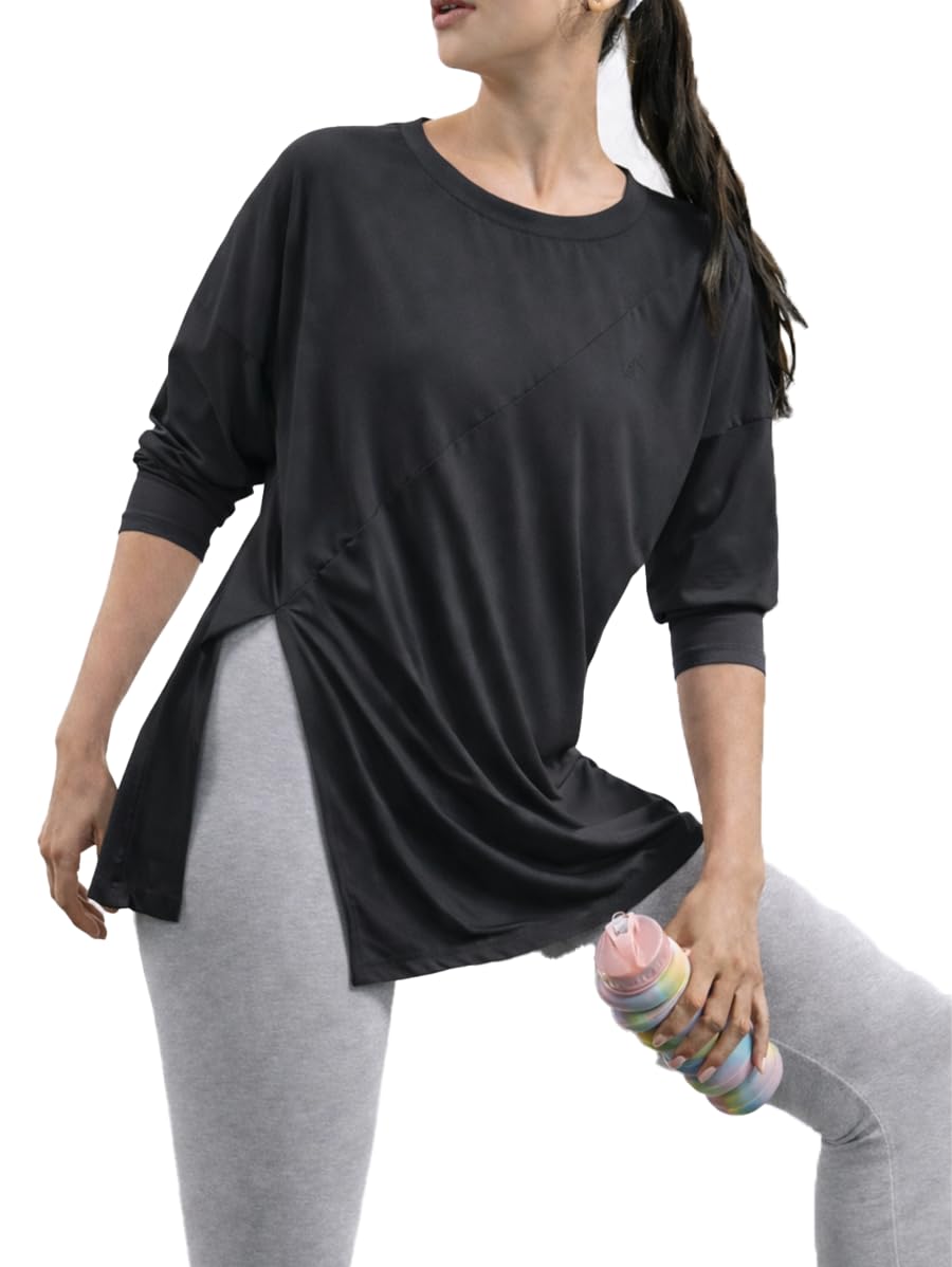 Sports Top - Long Sleeves Side Slit T-shirts - Long Tee for Workout and Sportswear - Crew Neck Casual outdoor T-shirt for Women