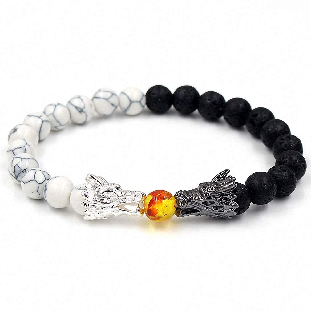 Goodern Men's Dragon Bead Bracelets Natural Stone Bracelet Black and White Beads Bracelet Adjustable Rope Cuffs Chain Bracelet Charm Jewelry Gift String Bracelet for Women Men Personalized Bracelet