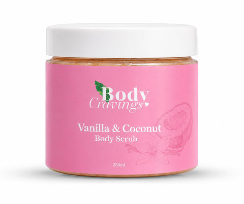 Body Cravings Vanilla Coconut Body Scrub | 250ml | Raw Sugar Exfoliating Body Scrub | Nourishes & Softens Skin | Vanilla & Coconut Scent