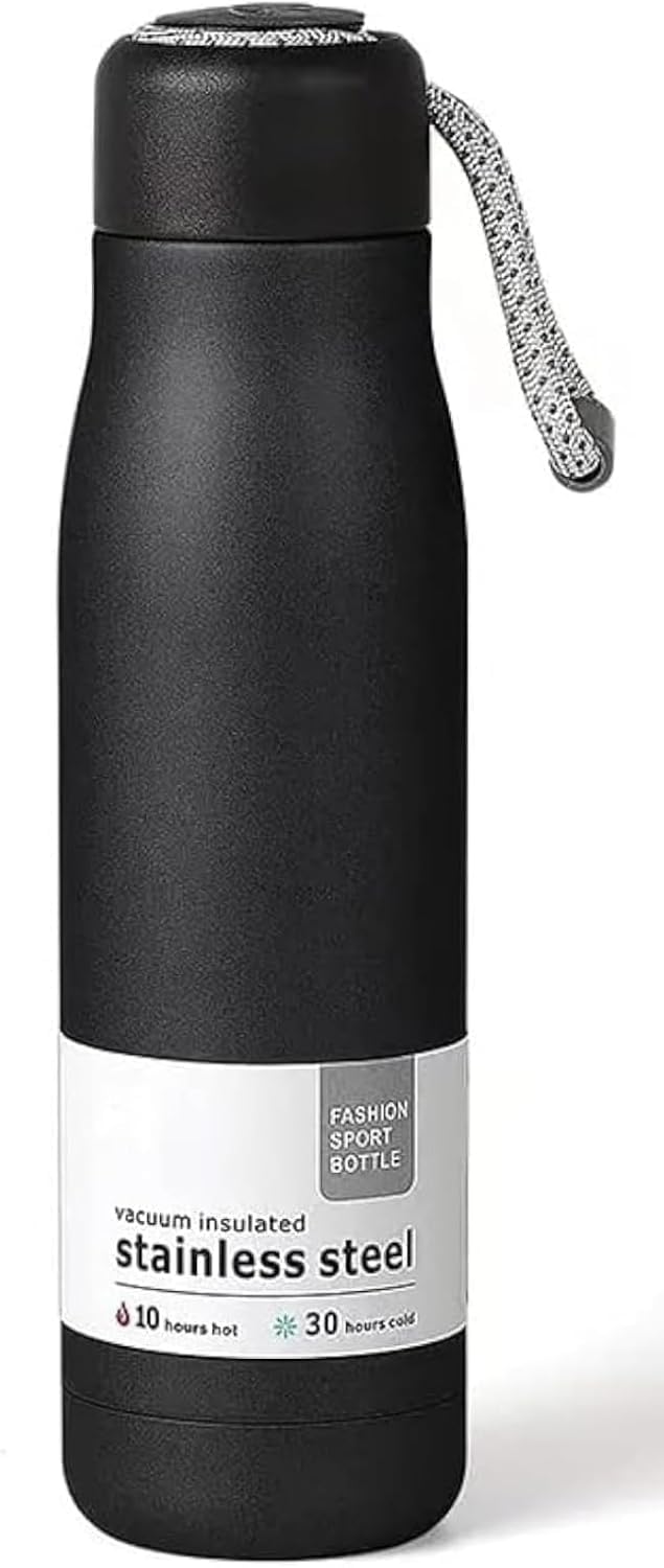 502ml Portable Water Bottle with Stainless Steel Lid Vacuum Insulated Leak Proof Reusable Thermal Water Bottle Black (Black)