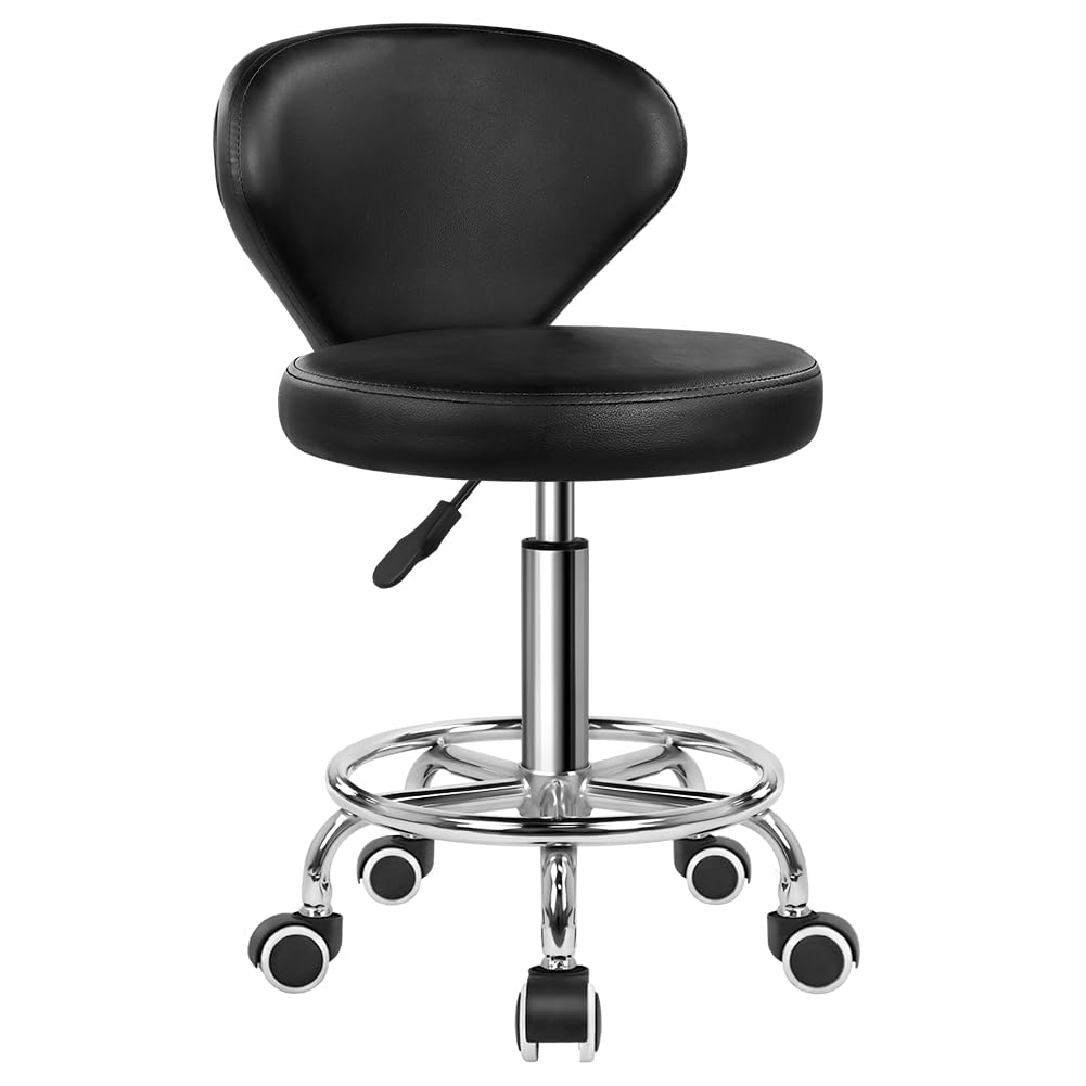 KKTONER PU Leather Low Back Rolling Stool with Footrest Height Adjustable Modern Work Swivel Task Drafting Chair with Wheels for Office SPA Home Salon (Black)