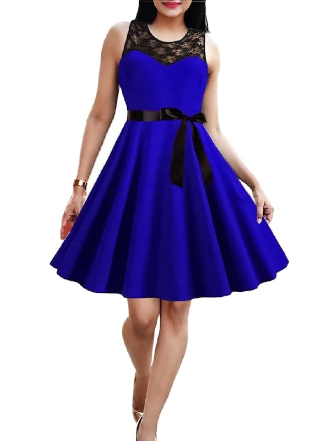 Black Satin Belt Sequined Escoba Women's Dress