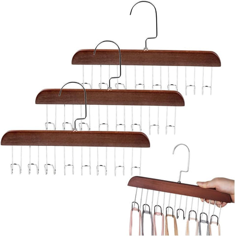 Tie Hanger with 8 Hanger Hooks, Scarf and Bra Organiser, Wooden Hangers for Wardrobe Multipurpose Cloth Hanger Belt Hangers for Wardrobe Storage Cupboard Organizer (4PCS)