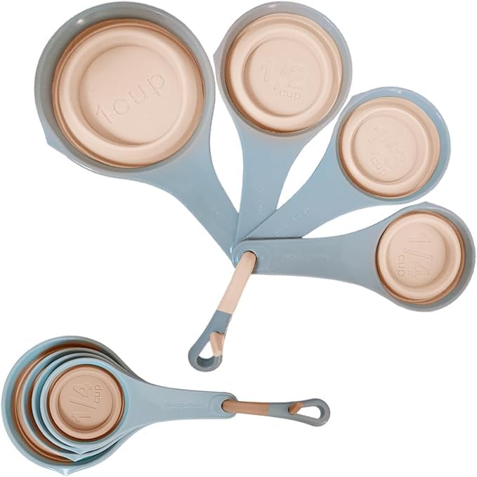 Measuring Cups Set of 4 Sizes (59ml, 79ml, 118ml, 237ml), Foldable Silicone Design for Space Saving, Easy to Store with Hook, Individual Use Spoons (Pink)