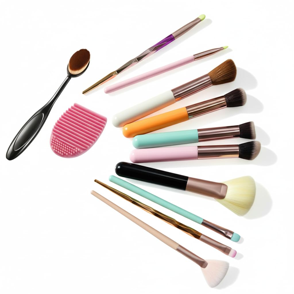 Makeup Brush Set 10 with Cleaning Mat, Colorful Handle, Rose Gold Ferrule, Oval Foundation
