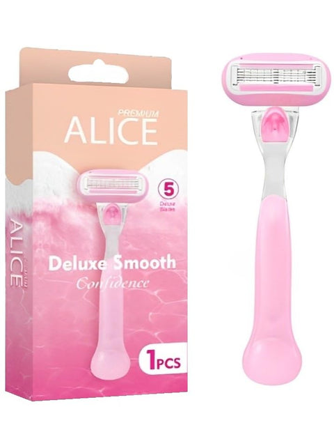 Alice - Razor For Women, Premium Alice, Deluxe Smooth, Pivoted Head, Confidence, Deluxe Blades, 1 Piece, Pink, For Combination Skin (Five Blade, Model - AS-23)