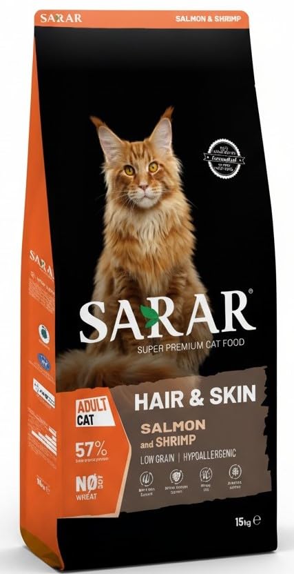 SARAR Dry Food for Adult Cats Hair & Skin Salmon & Shrimp Flavor | 32% Protein & 15% Fat | Supports Healthy Skin & Coat | 2kg