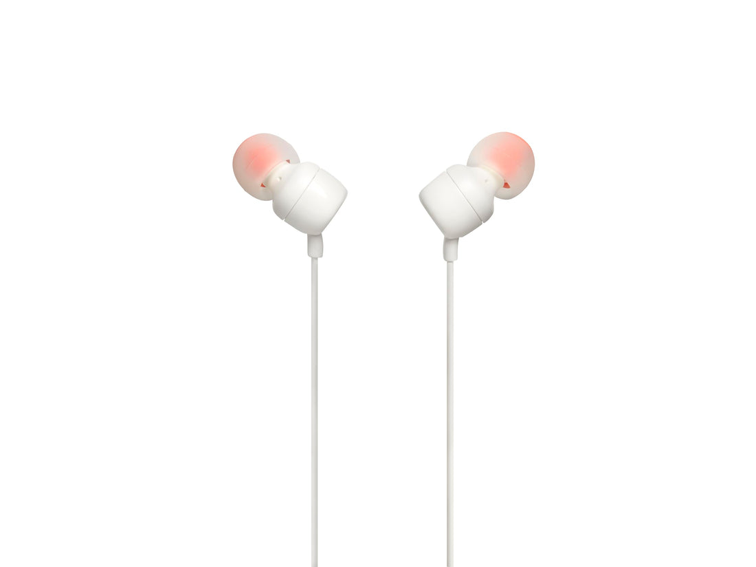 JBL T110 wired in-Ear Headphones Headset With a stunning user friendly design and Pure Bass sound, one button remote with microphone, tangle-free flat cable - white