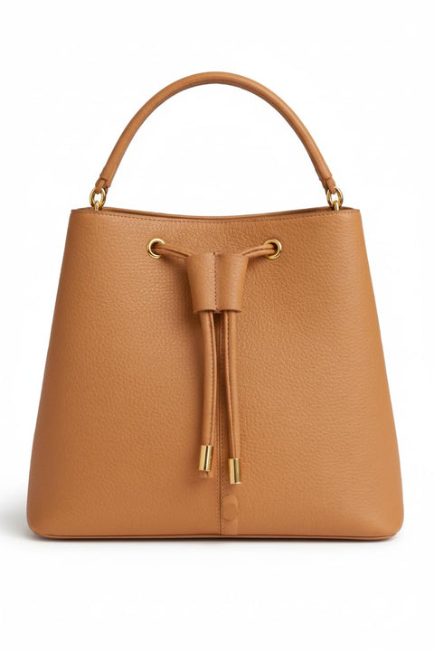 Elegant camel-colored faux leather handbag for women – featuring a top drawstring closure and a stylish top handle.