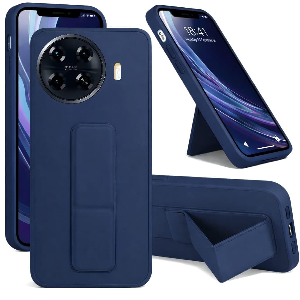 Back Cover Magnetic Car Holder Stand Case for Tecno Spark 20 Pro Plus — Soft Silicone Full Protection Anti-Fingerprint Case with Horizontal & Vertical Kickstand + Wrist Strap (Blue)