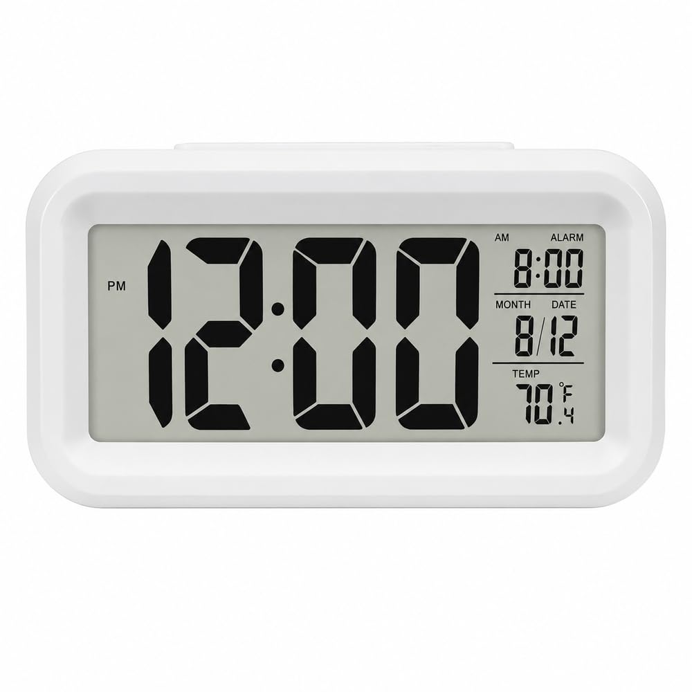 Smart Digital LCD Alarm Clock with Temperature Display & Snooze Function - White - A1-855
