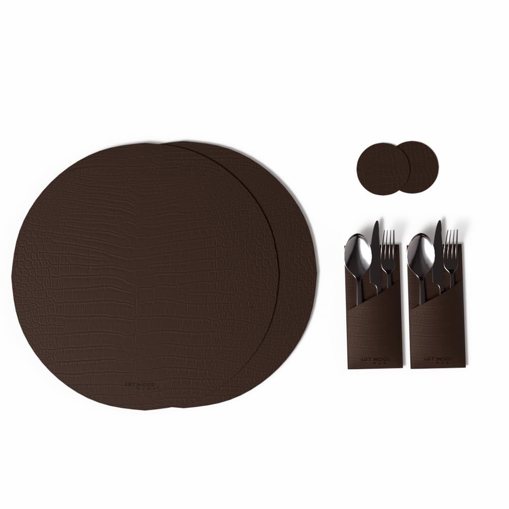 ART MOOD HOME Leather Placemat Set with Coasters And Holders - Faux Leather Dining Table Protection - Heat And Scratch Resistant - 2 Placemats, 2 Holders, 2 Coasters - Brown