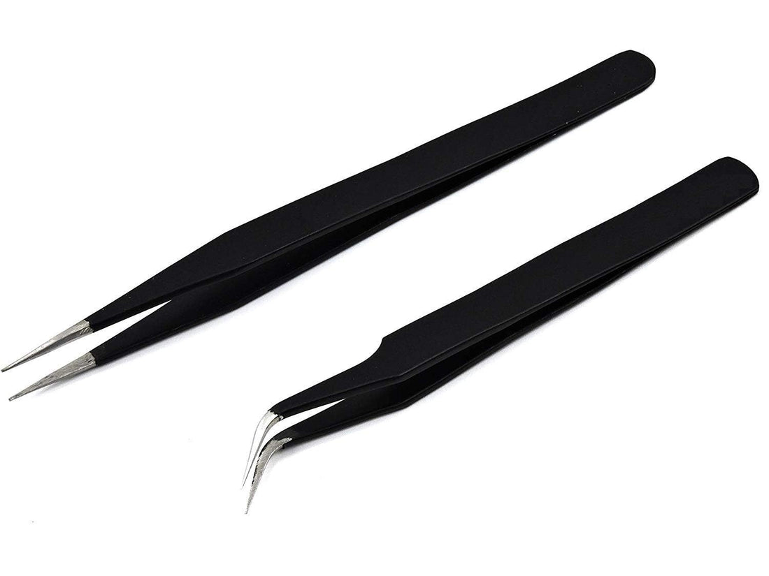 Eyelash Tweezers - Eyelash Extension Tweezers Set - Professional Straight & Curved Pointed Very Fine Tip for Lash Extensions - Black - 2Pcs