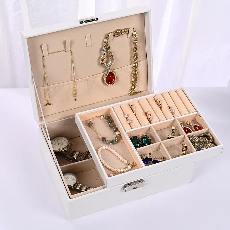Next Store 2 Layer Rectangle Jewelry Box for Rings Earrings Necklace Bracelet Simple Fashion Design with Secure Lock for Jewelry Protection (White)