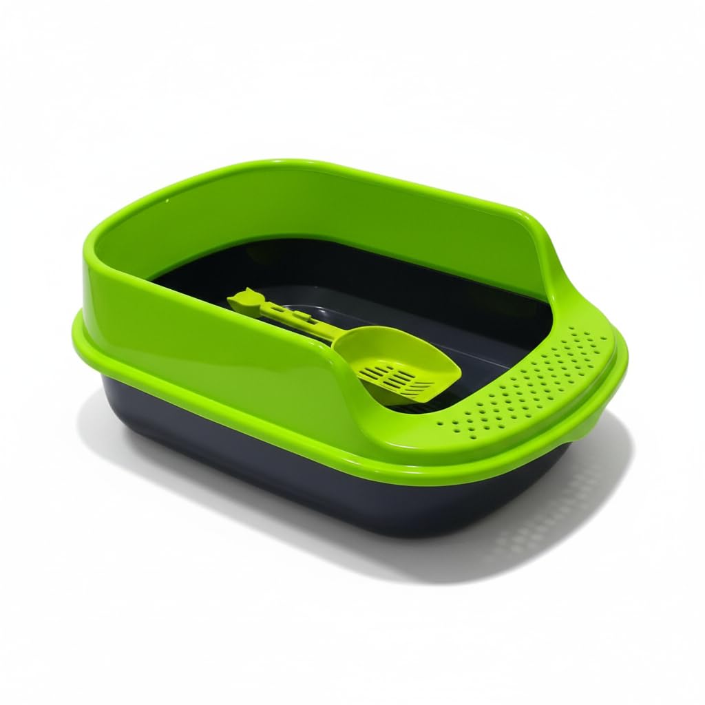 Cat Litter Box + Matching Scoop (Green & Black, Round)