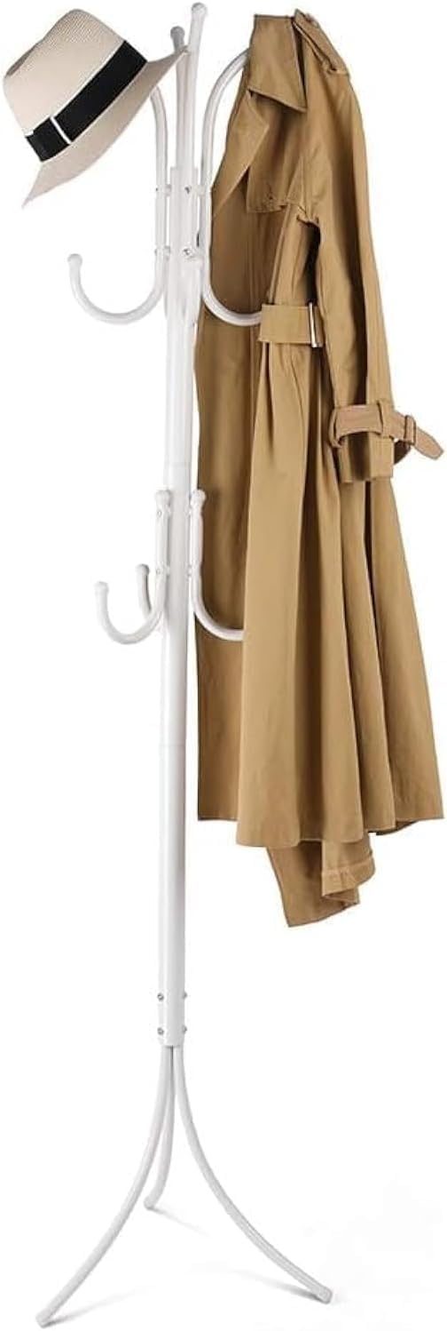 ALMEKAQUZ Metal Coat Rack Stand With 12 Hooks - Freestanding Tree for Coats, Hats, Jackets, and Umbrellas - White