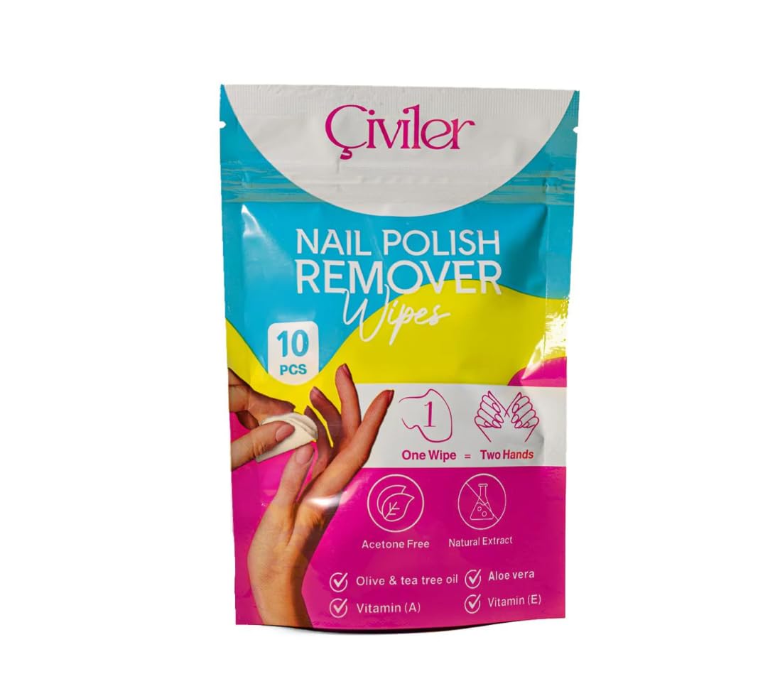 Civiler Nail Polish Remover Wipes, 10 Pieces, Acetone-Free, with Aloe Vera and Tea Tree Oil