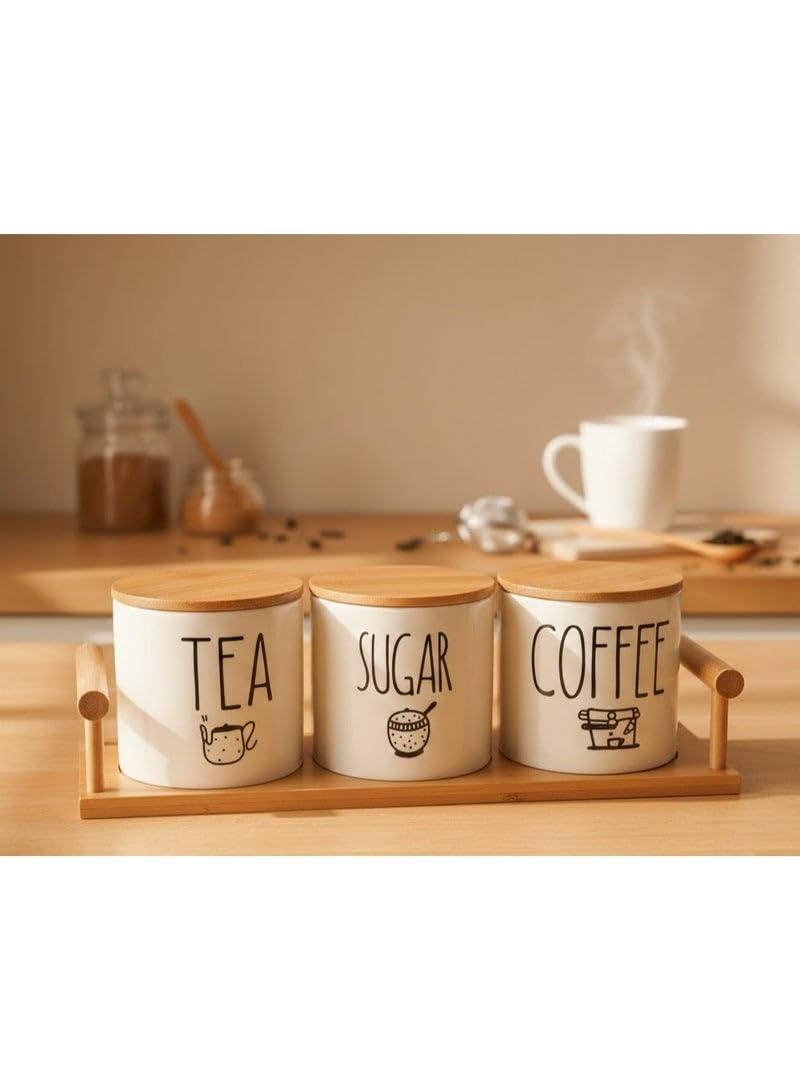 Jars Coffee Tea Sugar Set of 3, Different designs with Wooden Trey