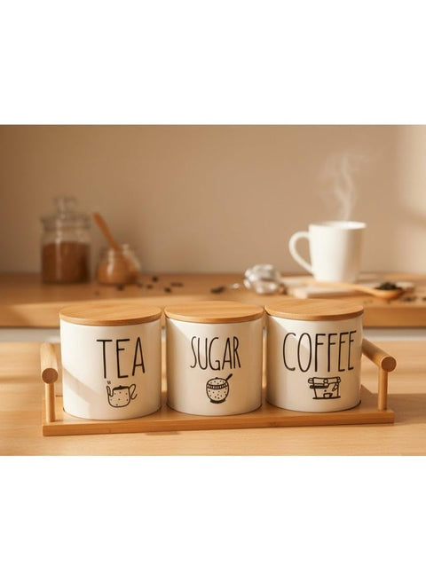 Jars Coffee Tea Sugar Set of 3, Different designs with Wooden Trey