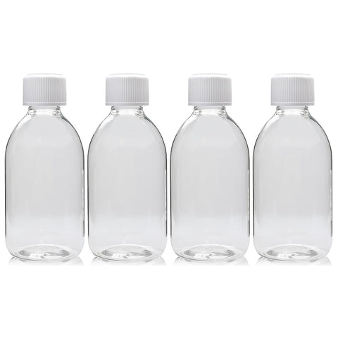 White Spiral Cap Empty Plastic Bottles - 4 Bottles x 250 ml - Clear Recyclable