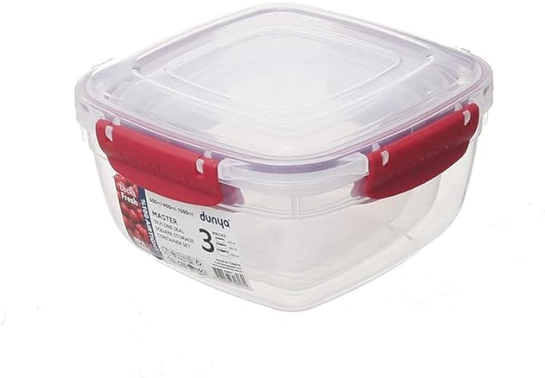 Turkish Made 3 Piece Square Food Saver Refrigerator Containers, Bpa Free Plastic, Clear & Red, Airtight Lid