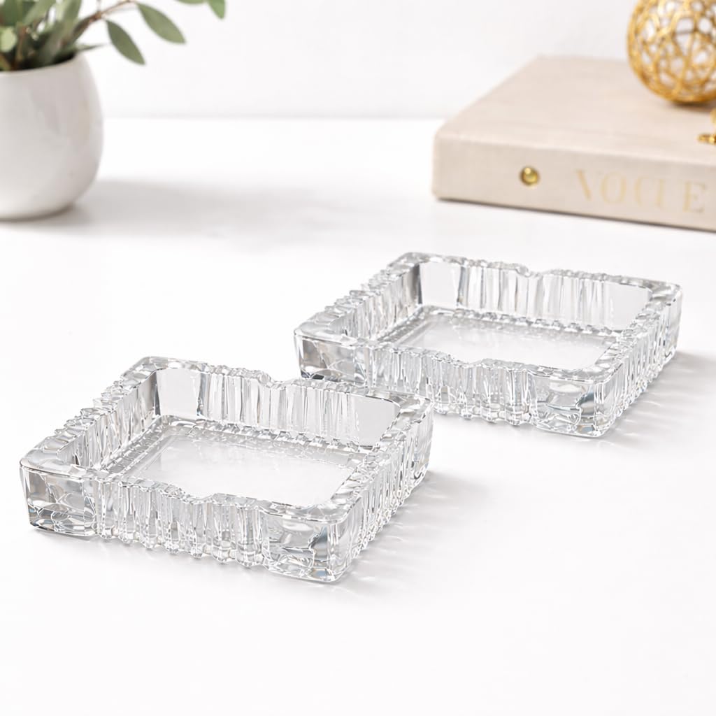 OVA Square Crystal Ashtray European Style, Clear Decorative Glass Ashtray for Living Room, Office, Bar & Indoor Restaurant, Heavy Durable Design for Cigars, Smoking Decor & Men’s Gift(2)