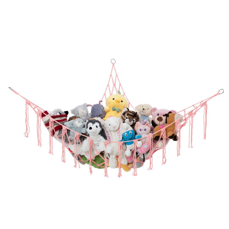 Lilly's Love Stuffed Animal Storage Macrame Hammock, Large - Boho Room Decor Toy Storage - Corner Hanging Plushie Stuffed Animal Net Organizer (Light Pink)