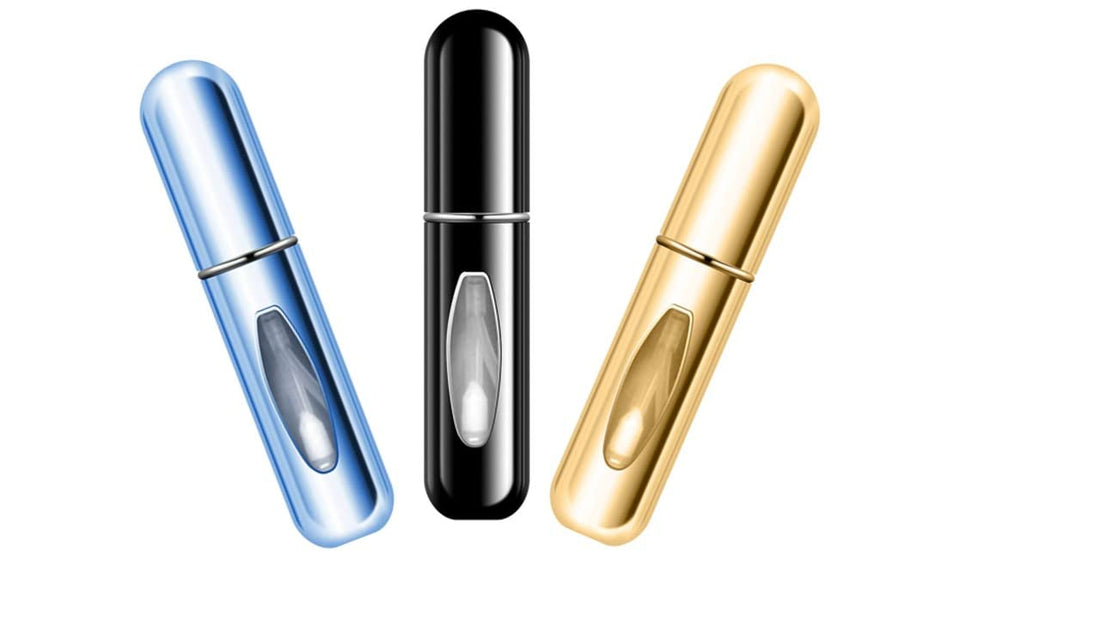 HINNASWA Portable Mini Refillable Perfume Empty Spray Bottle Atomizer Bottom Refill Pump Case for Traveling and Outgoing 3 Pcs Pack of 5ml (Bright Blue, Bright Black, Bright Gold)