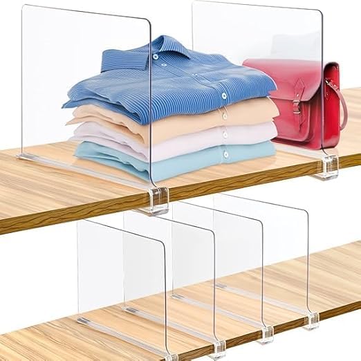 Clear Acrylic Shelf Dividers, 6 Pack Closet Organizer for T Shirts, Jackets, Books, Handbags, Purse Storage