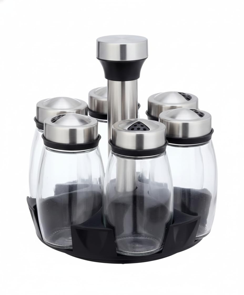 Home Care QQ-579 6-Piece Glass Spice Set with Rotating Stand Sleek Kitchen Organization, Pack of 1 - Transparent Glass