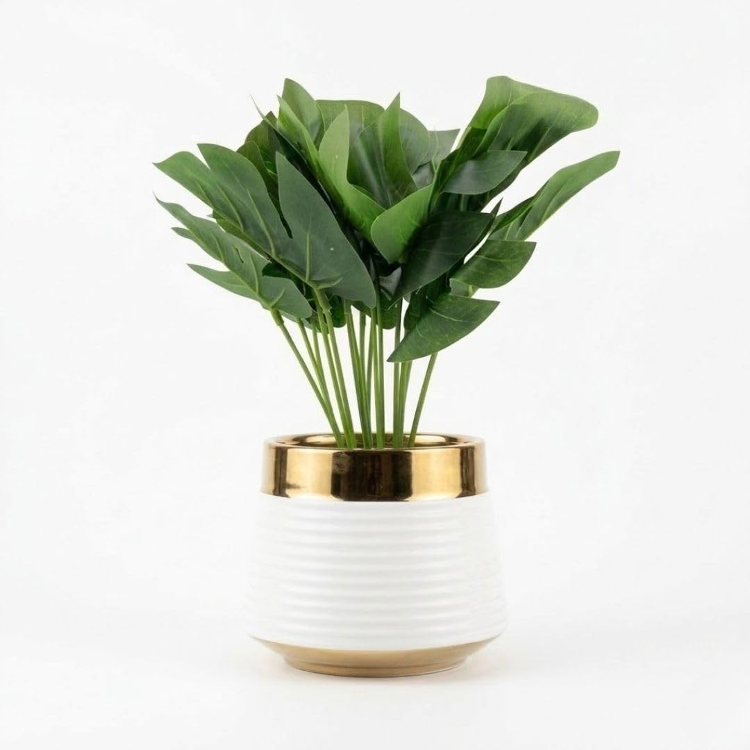 Artificial Plant Green Leaves in Ribbed Potted with Elegant Gold Accents, Indoor Shrubs for Home, Office, Shelves - Available in Black/White (White)