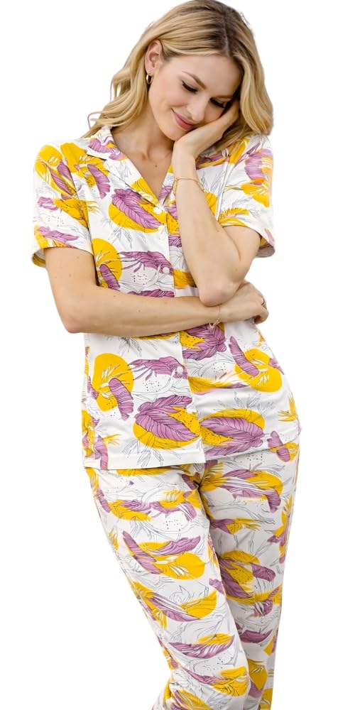 Women's Cotton Printed Pajamas Button Jacket and Pants Set Comfortable Stylish Lightweight Sleepwear for Daily Use