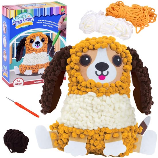 Kids DIY Plush Dog Craft Kit, Yarn Art Project with Crochet Hook, Orange and White Puppy Design