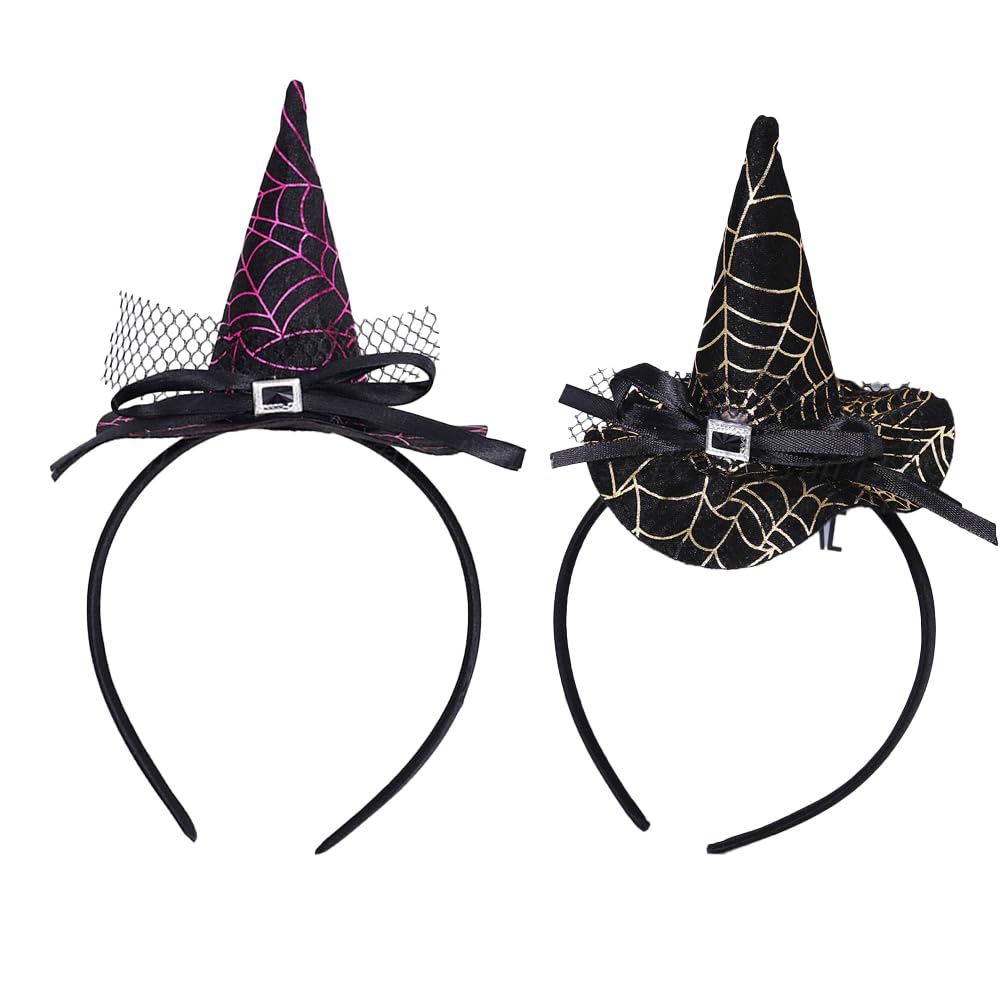Wonka 2Pcs Halloween Witch Headband, Spider Headband,Witch Hat,Halloween Headpiece Party Cosplay Decoration Accessories for Women (gold)