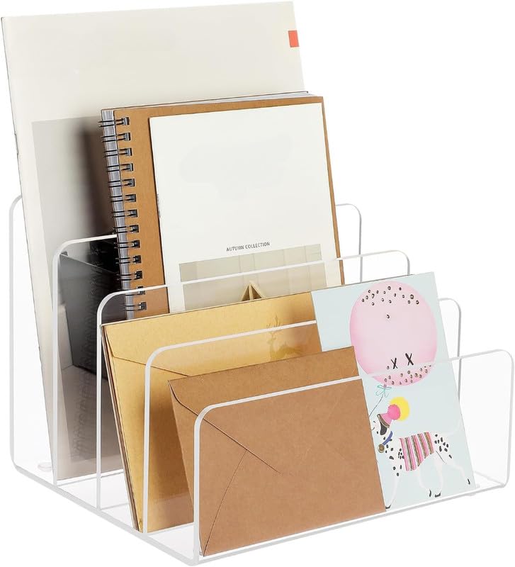 Best Media 4-Section Vertical Acrylic File Holder, Clear Desk Organizer for Envelopes, Letters, and Documents, Modern File Sorter for Notebooks and Electronics like Tablets and Laptops