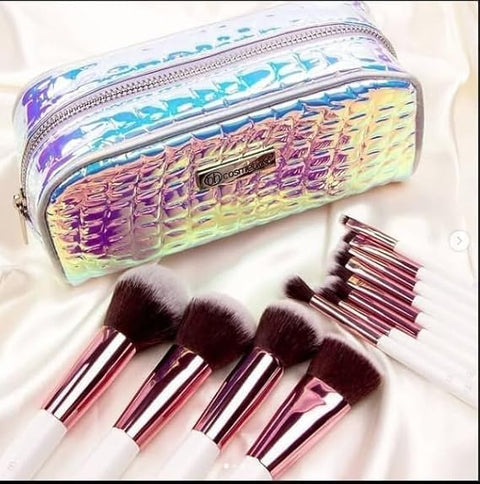 12 Pieces Makeup Brush Set with Holographic Cosmetic Bag, White and Pink